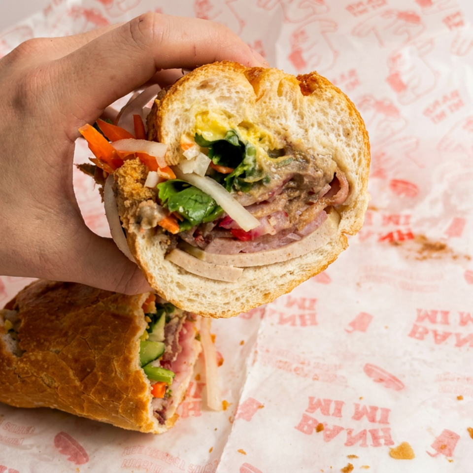 Hand holding a loaded sandwich with meat, vegetables, and sauce above another sandwich on branded paper.