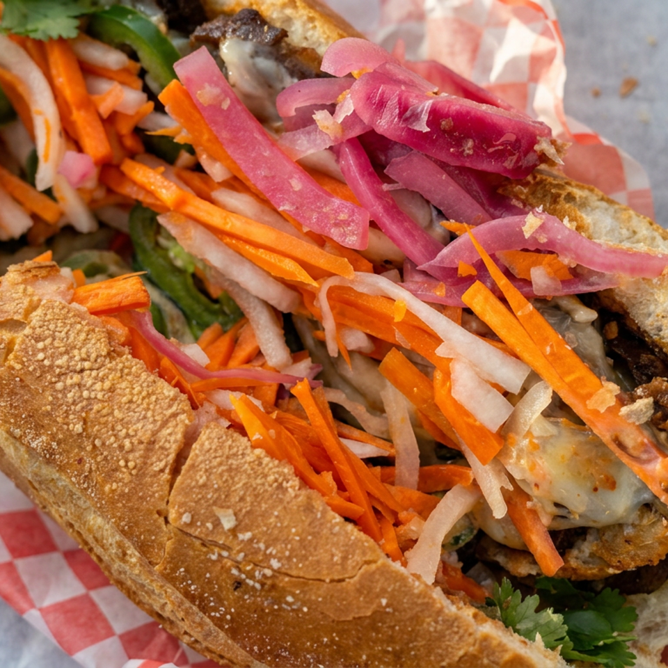 Close-up of a crusty Vietnamese bánh mì sandwich filled with grilled meat, pickled carrots, daikon, red onions, and cilantro.