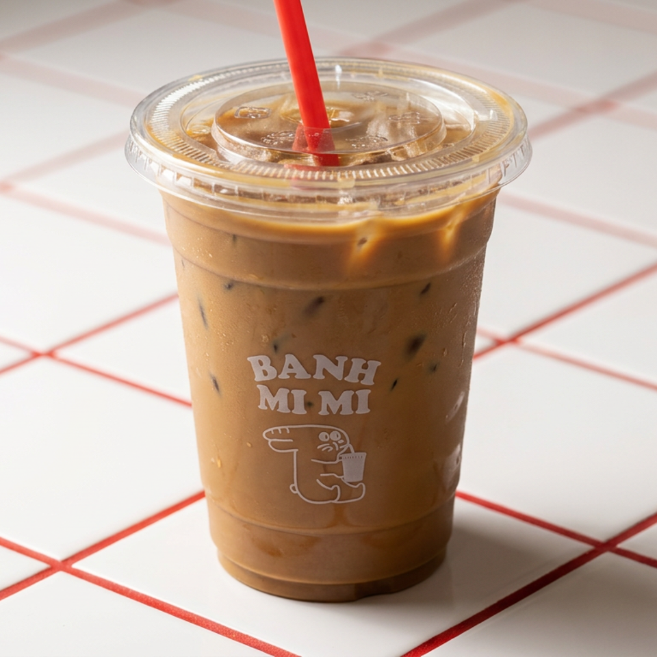 Iced coffee in a clear Banh Mi Mi branded cup with a red straw on a white and red tiled surface.
