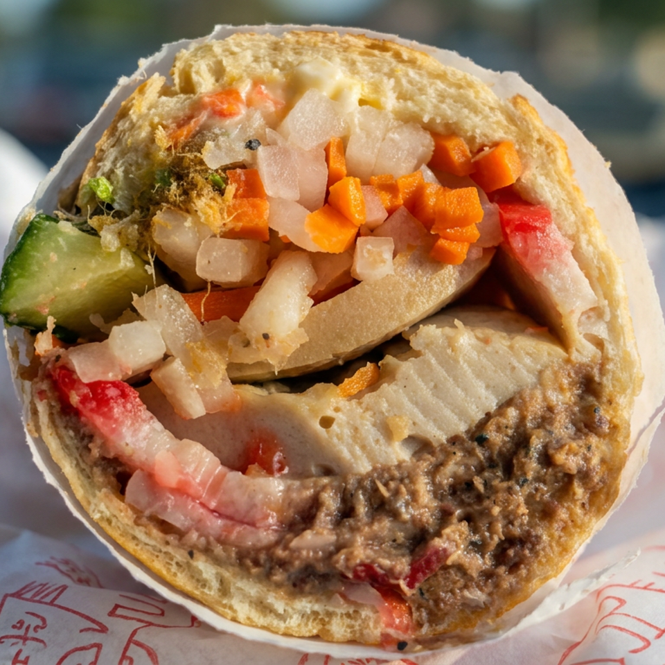 Close-up of a stuffed pita sandwich filled with sliced meat, pickles, onions, carrots, and creamy sauce.