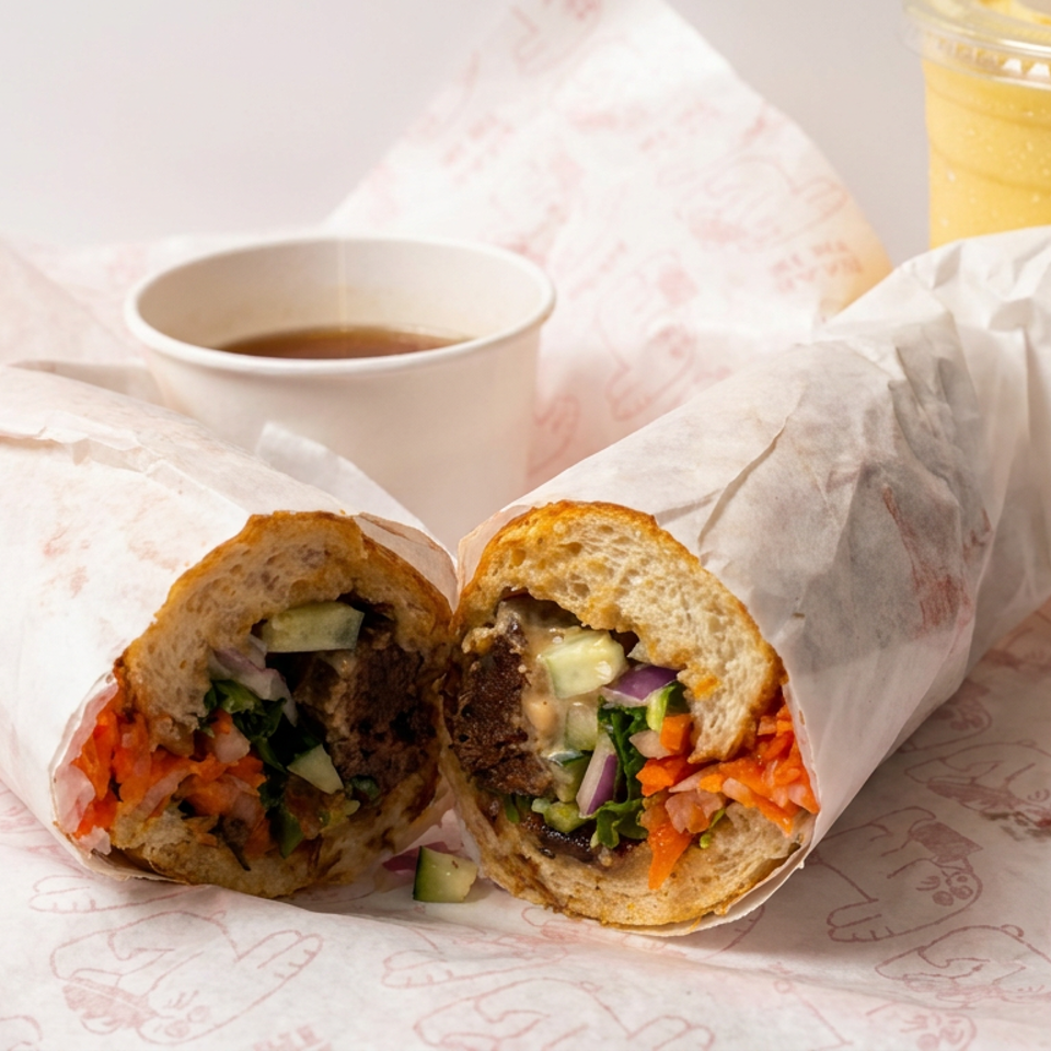 A sliced stuffed sandwich with meat, vegetables, and sauce sits wrapped in paper beside coffee and a yellow drink.