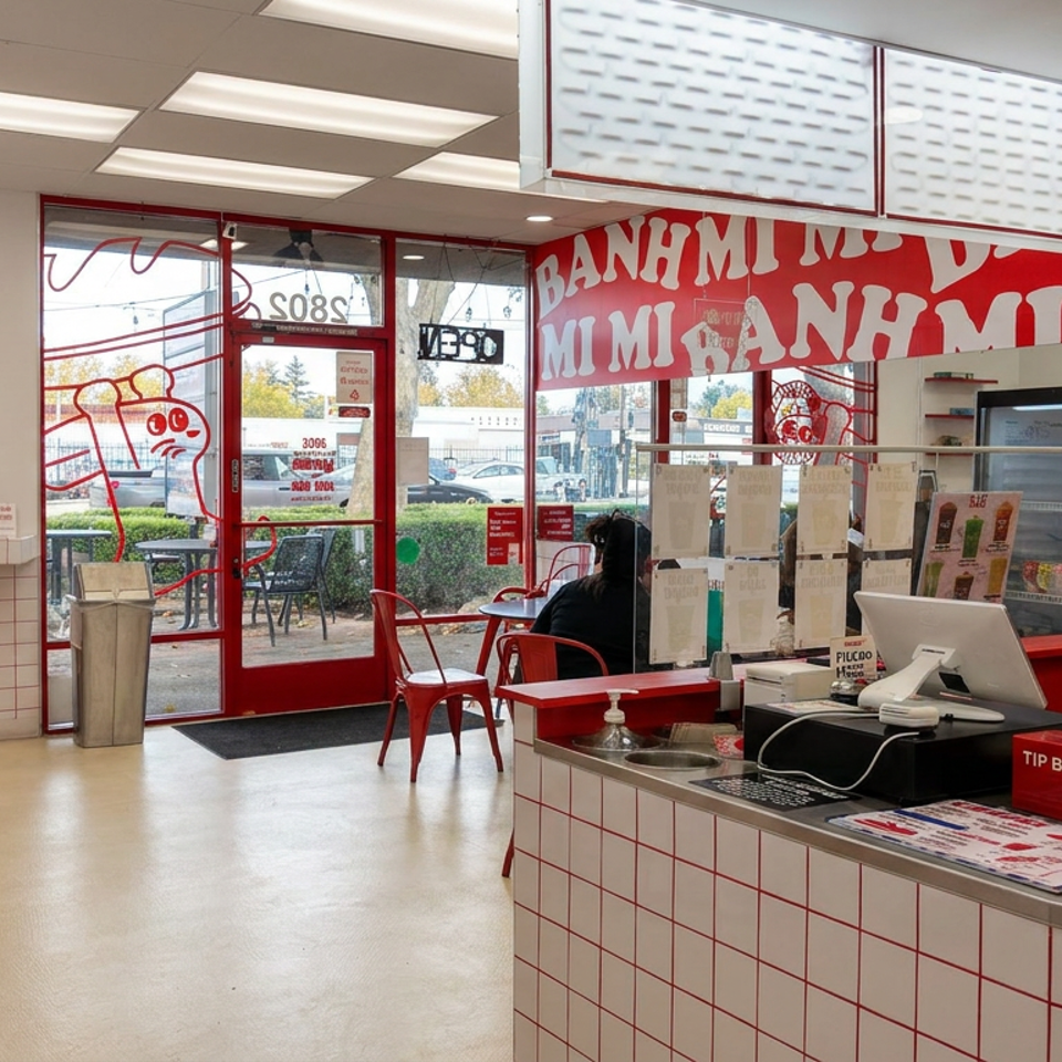 Bright Vietnamese sandwich shop interior with red stools, tiled counters, counter service area, and bold bánh mì lettering on the windows.