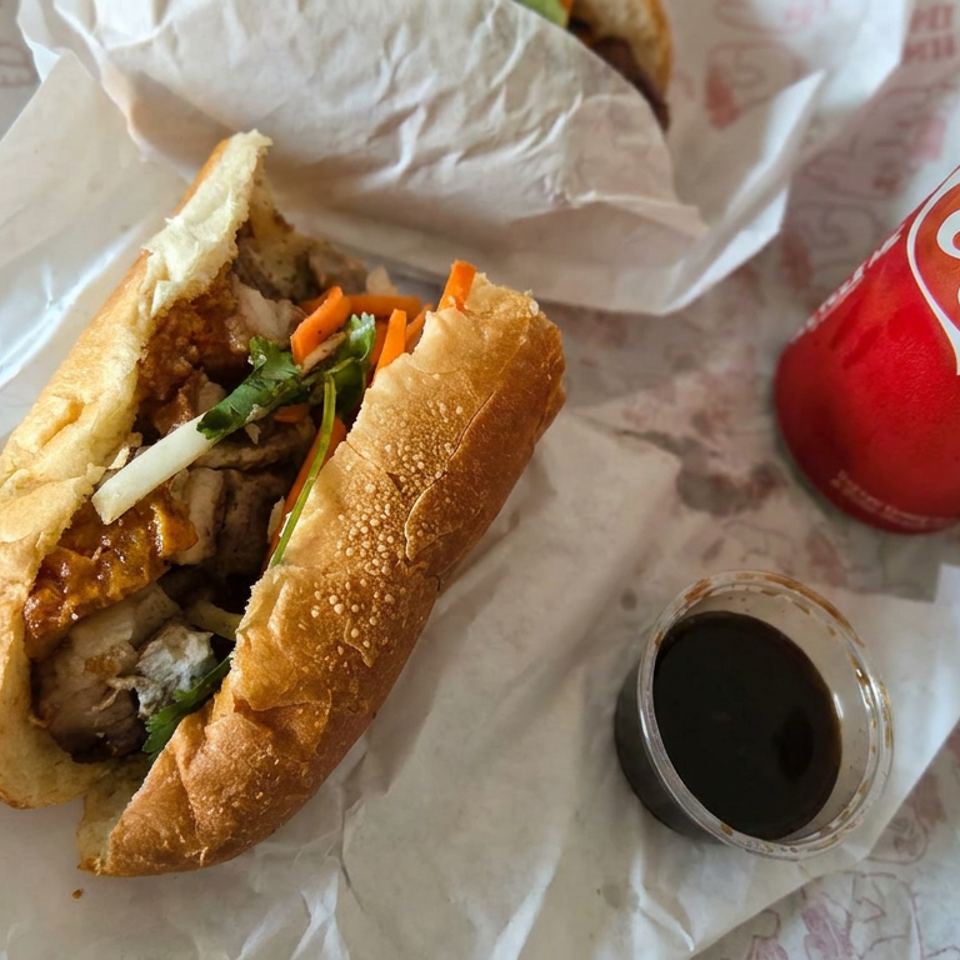 Stuffed sandwich with grilled meat, vegetables, dipping sauce, and an orange cream soda on branded wrapping paper.