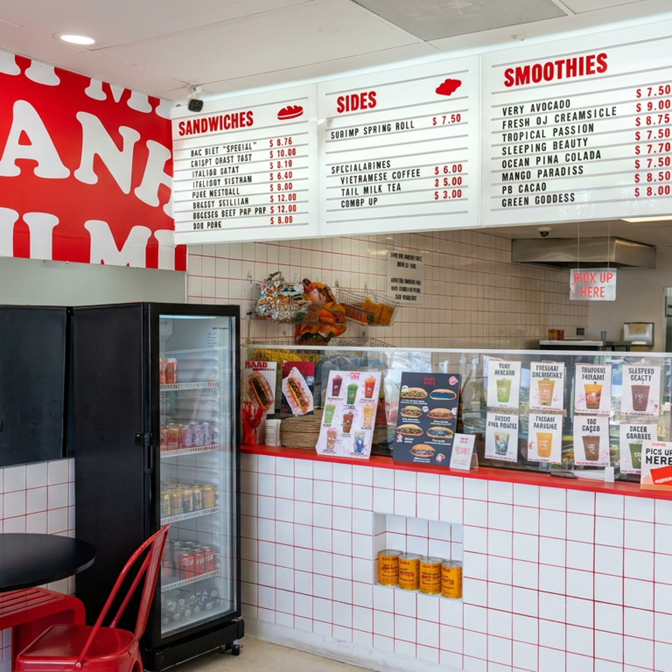 Bright sandwich shop counter with tiled walls, red-and-white decor, displayed menu boards, refrigerated drinks, and seating.
